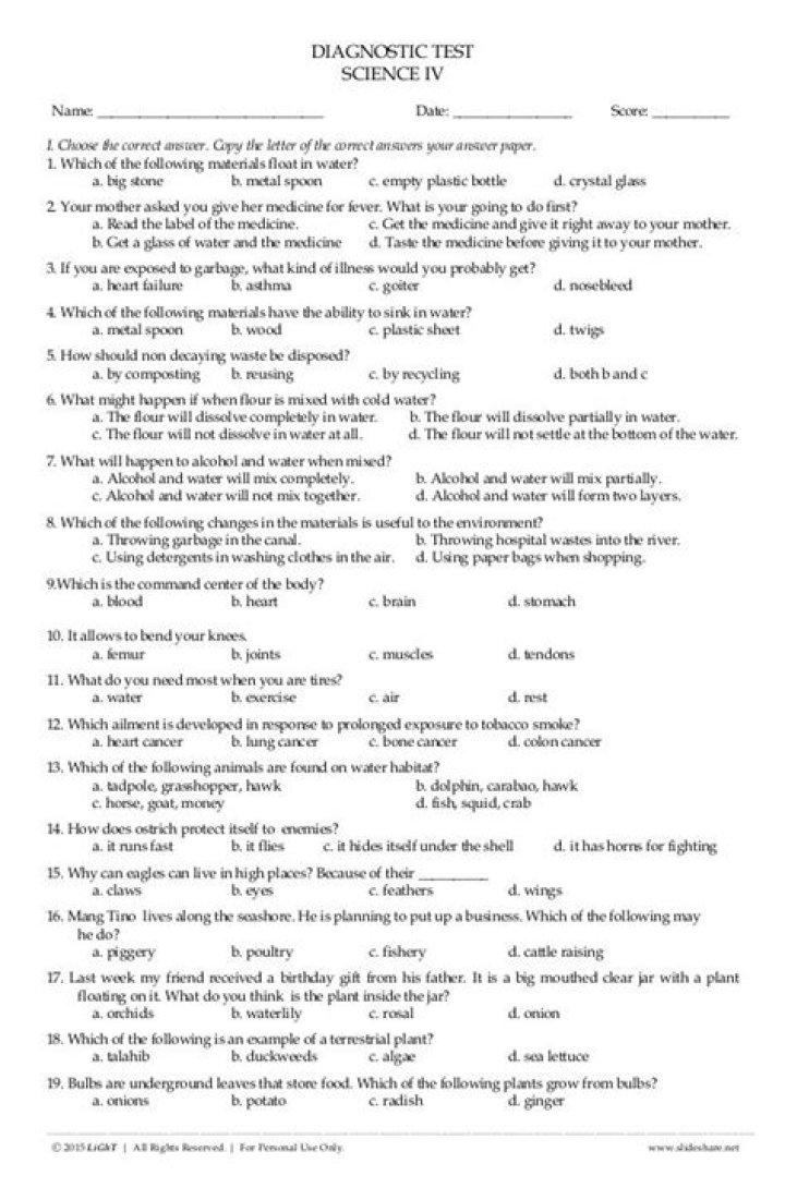 6th Grade Science Assessment Test PDF – Free Practice Questions