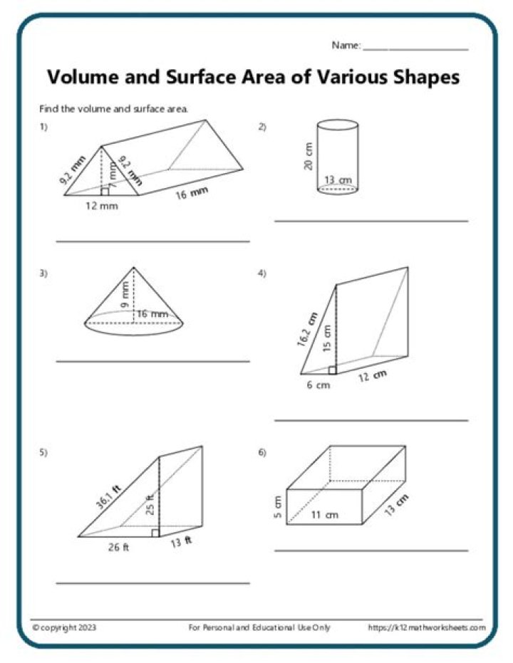 6th Grade Surface Area and Volume Test PDF Practice Tests