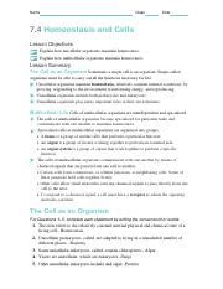 7.4 Homeostasis and Cells: Answer Key PDF for Biology Students