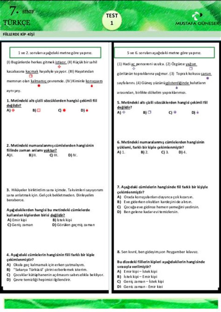 7. Sü NF Dilek Kipleri Test PDF – Download Free Exam Sheet Now