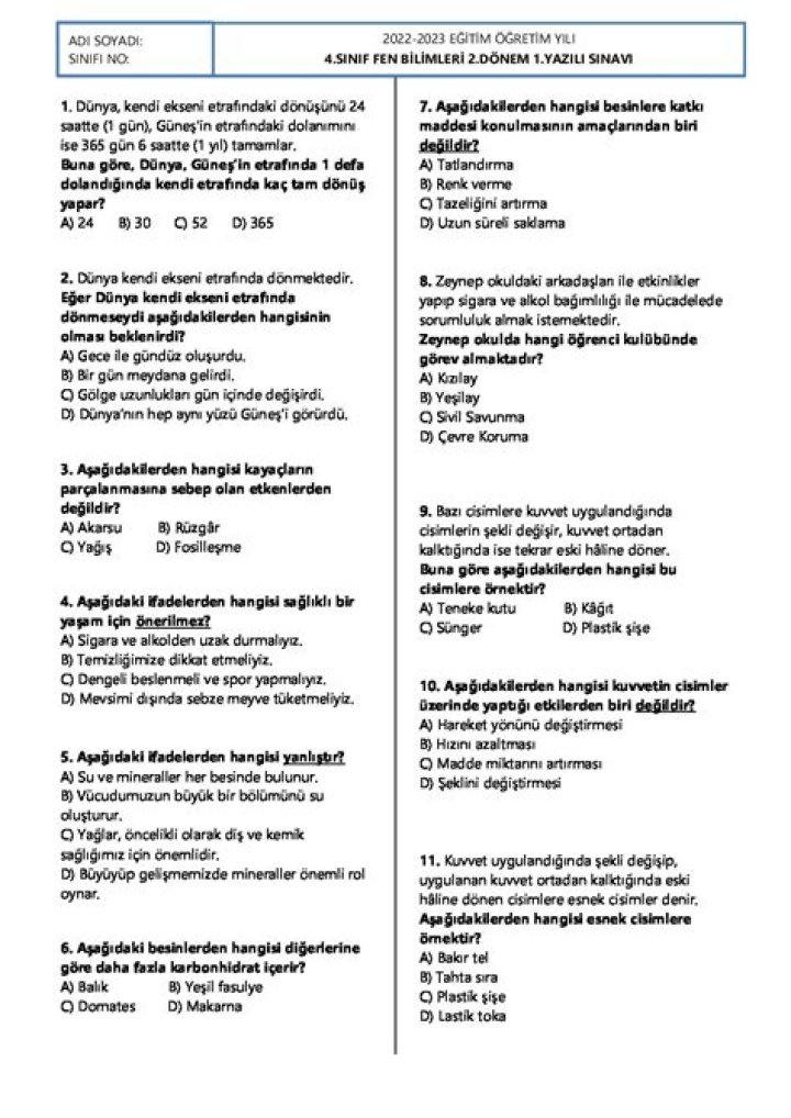 7. Sınıf Enerji Dönümleri Test PDF – Üniforma Eğitim 자료