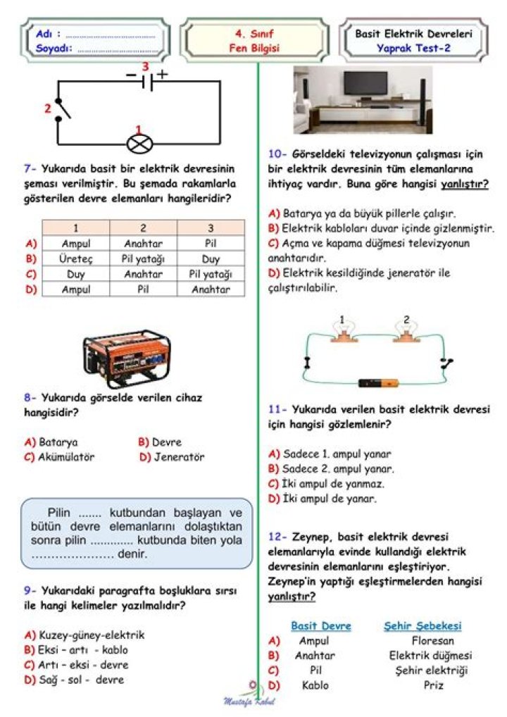 7.sÄ±nÄ±f Fen Elektrik Devreleri Test PDF: Güvenilir Öğrenme Materyali