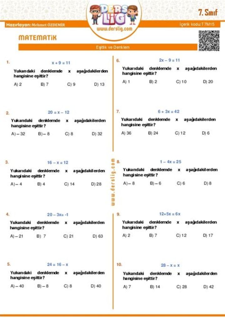 7 Sâ±ıf Matematik Denklemler Test PDF Gratis Herkese