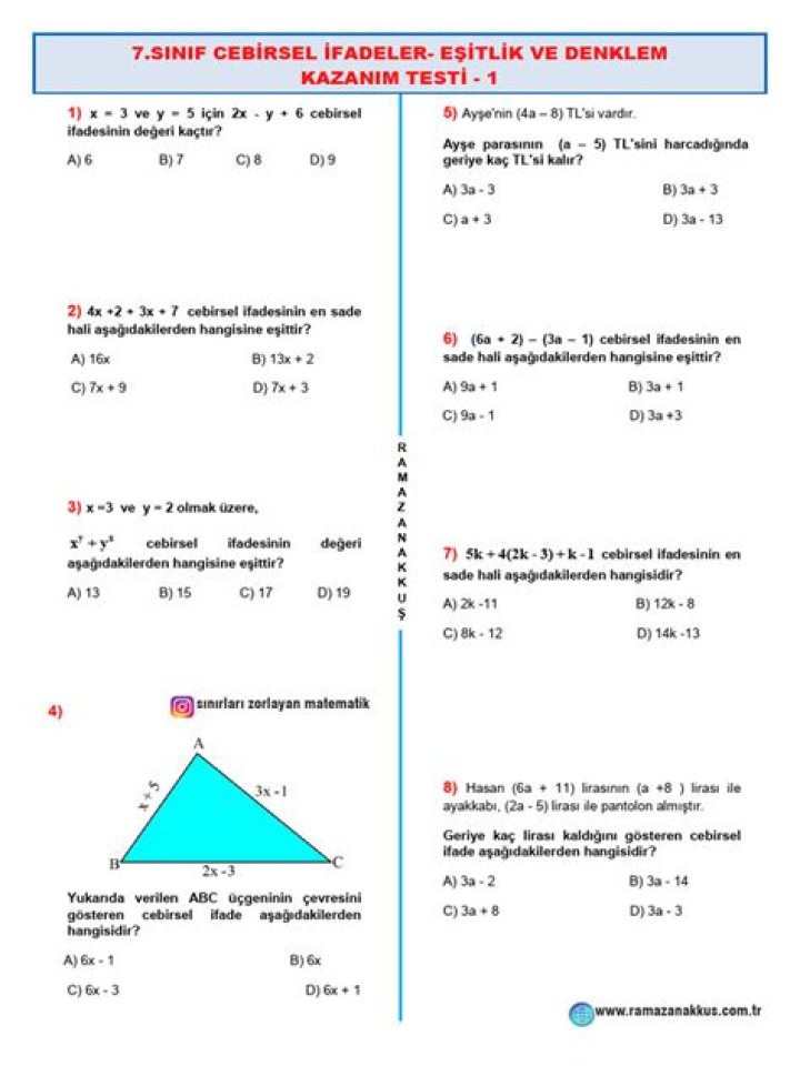 7. Süñüf Matematik Eşitlik ve Denklem Test PDF Download