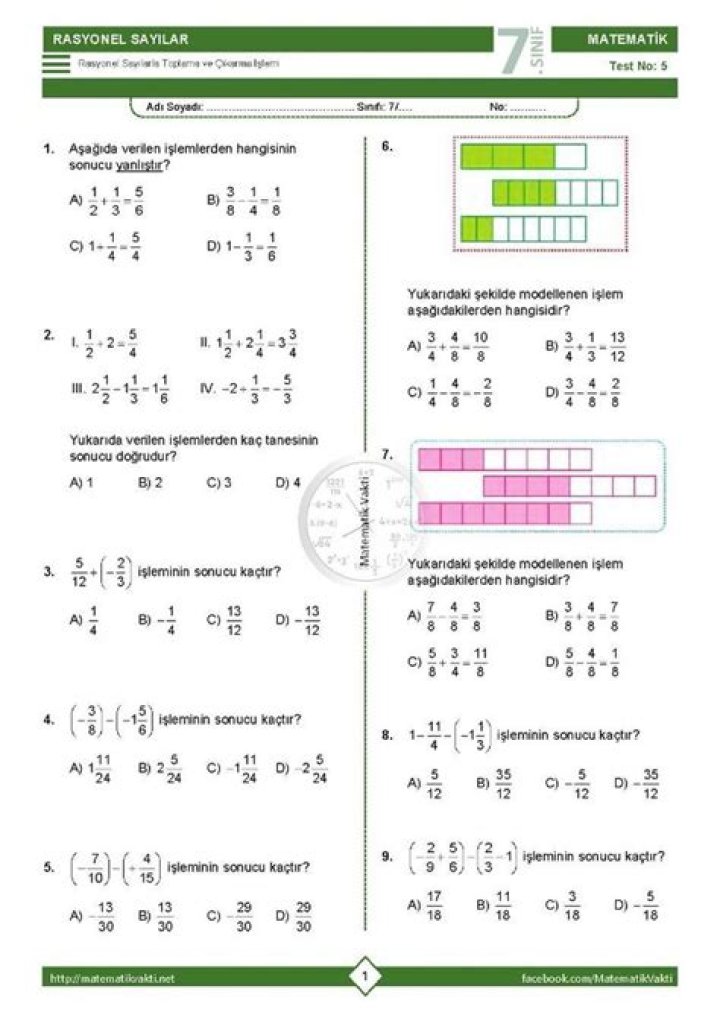 7.sÄ±nÄ±f Matematik Rasyonel Sayılar Test PDF – Ekstra Bilgi & Yüklü
