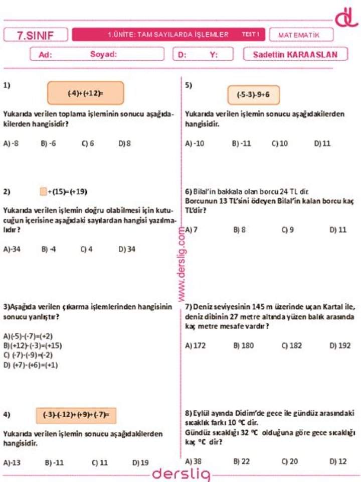 7. Sınıf Matematik Tam Sayılarla İşlemler Test PDF – Öğrenme Yarışı