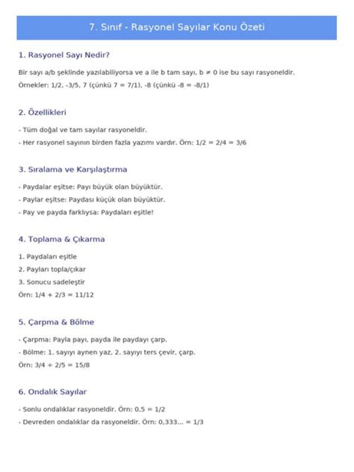 7. SÃ±ıf Rasyonel Sayıları Sayımını Doğrusal Gösterme Test PDF