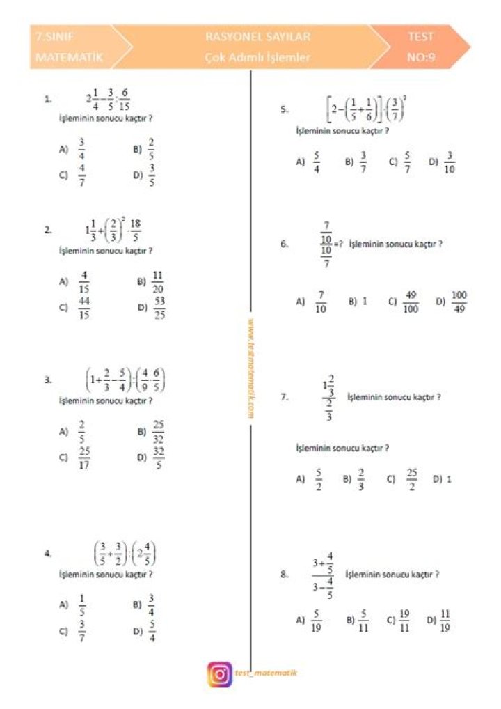 7.sÄ±nÄ±f Rasyonel Sayılarında Çok Adım İşlemler Test PDF