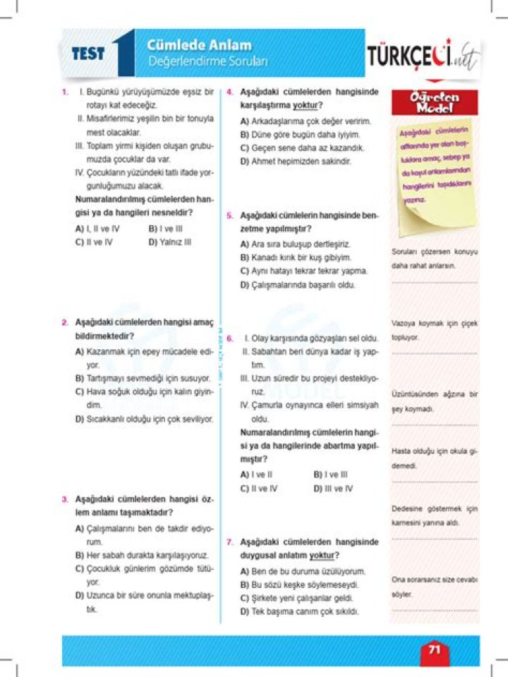 7. Sözcük Anlam Test PDF 50 Soru – Geniş Öznünü Test