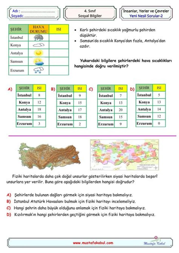 7.sÄ±nÄ±f Sosyal Bilgiler: Insanlar, Yerler ve Çevreler Test PDF