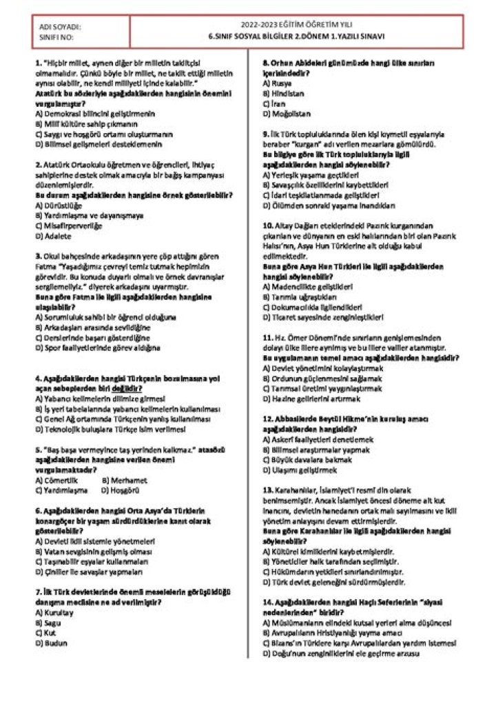 7 Sınıf Sosyal Bilgiler Test Kitabı PDF - Üniforma Sınav Hazırla