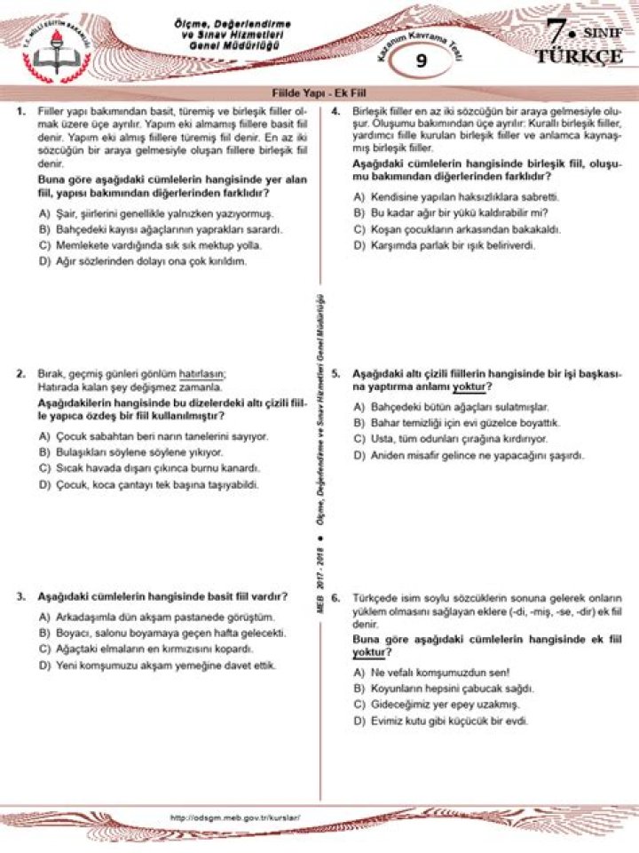 7. Sınıf Türkçe Eki Fiil Test Cevap Anarlı PDF