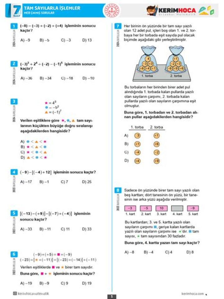 7.sÄ±nÄ±f tam sayılarla işlemler test PDF - Eğitim Testi