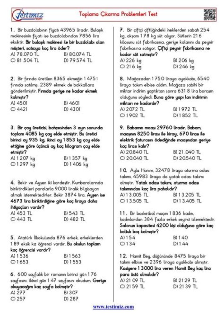 7.sÄ±nÄ±f Tam Sayılarla Toplama ve Çıkarma Test PDF