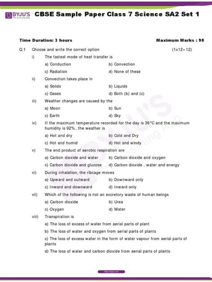 7th Class Science SA2 Question Paper 2018 PDF - Download Now