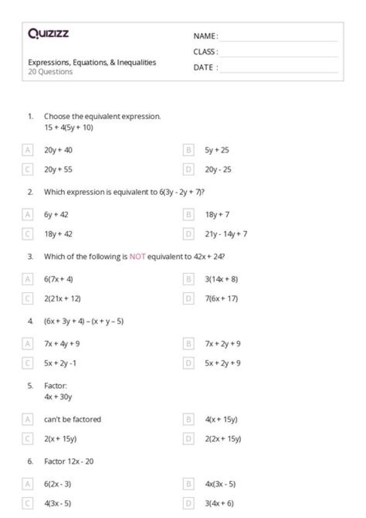 7th Grade Expressions & Equations Test PDF – Free Practice Worksheet