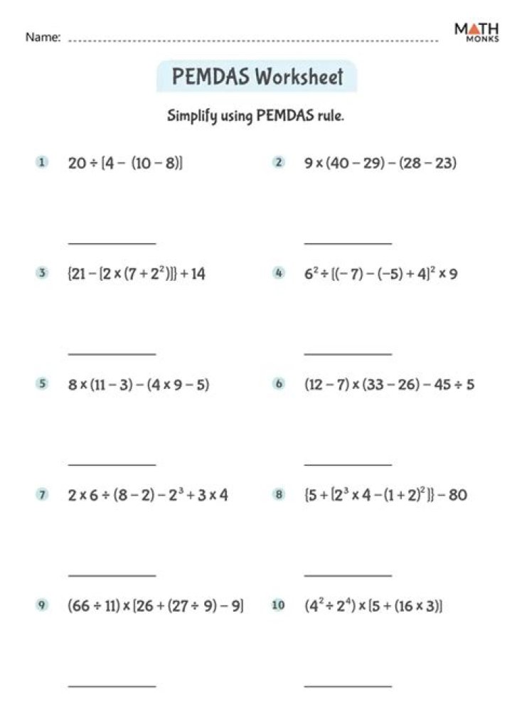 7th Grade PEMDAS Worksheet PDF Printable for Easy Math Practice