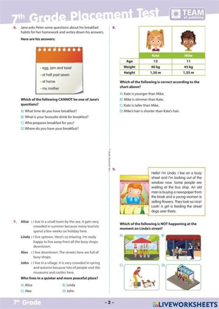 7th Grade Placement Test PDF Free Download