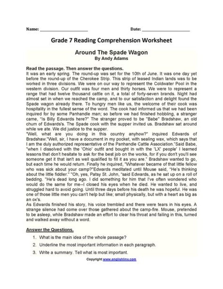 Free 7th Grade Reading Comprehension Worksheets PDF Download