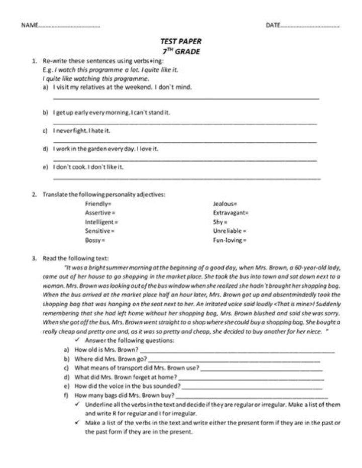 7th Grade Test PDF Worksheets & Practice Tests