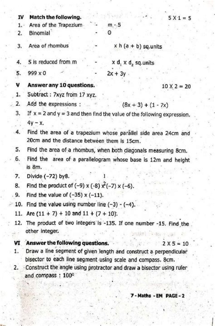 Free 7th Class Maths Question Paper PDF Download
