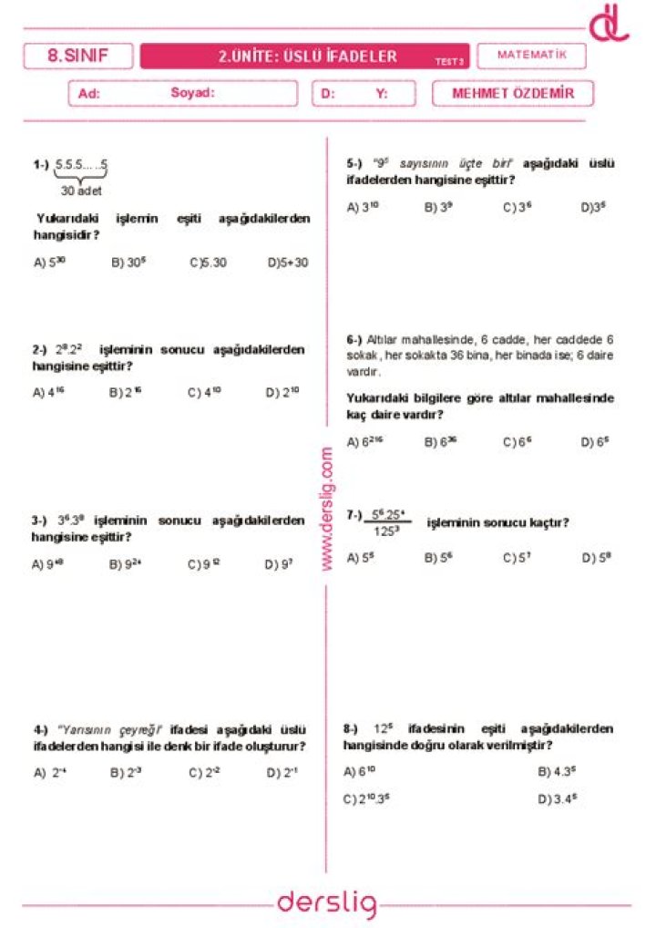 8 Sâ±nıf Üslü Ifadeler Test PDF: Verified Tips & Download