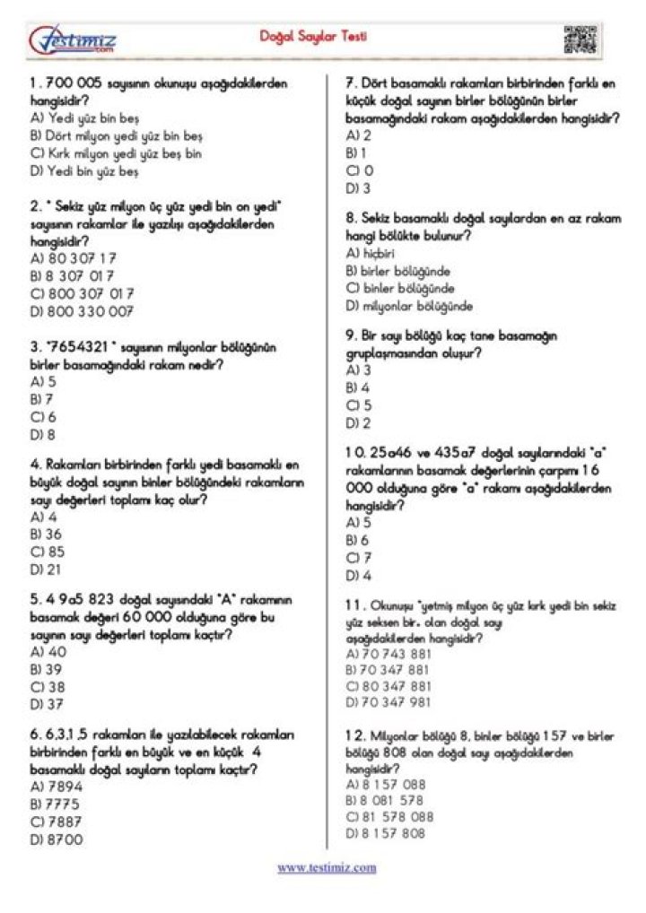 8 Sanıfın Üslü Sayılar Test PDF – Instant Download