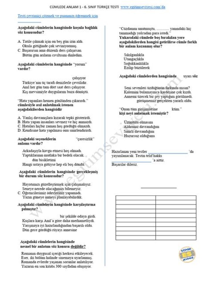 8. Sanıf Cümlede Anlam Test PDF – Grab Test Score & Analyze
