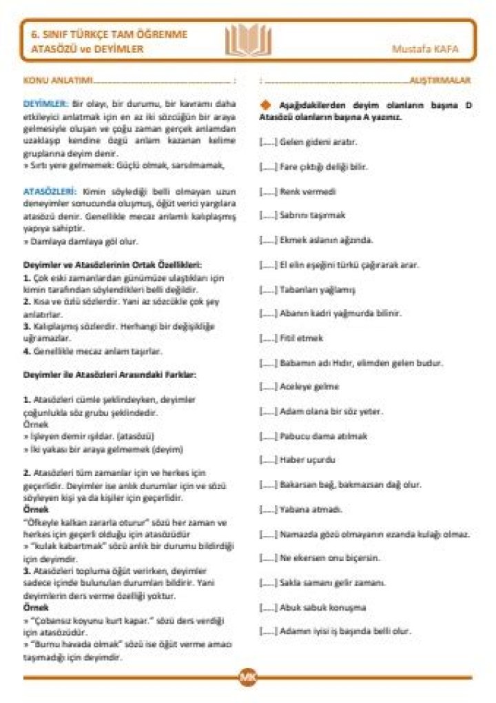 8. Sınıf Deyimler ve Atasözleri Test PDF