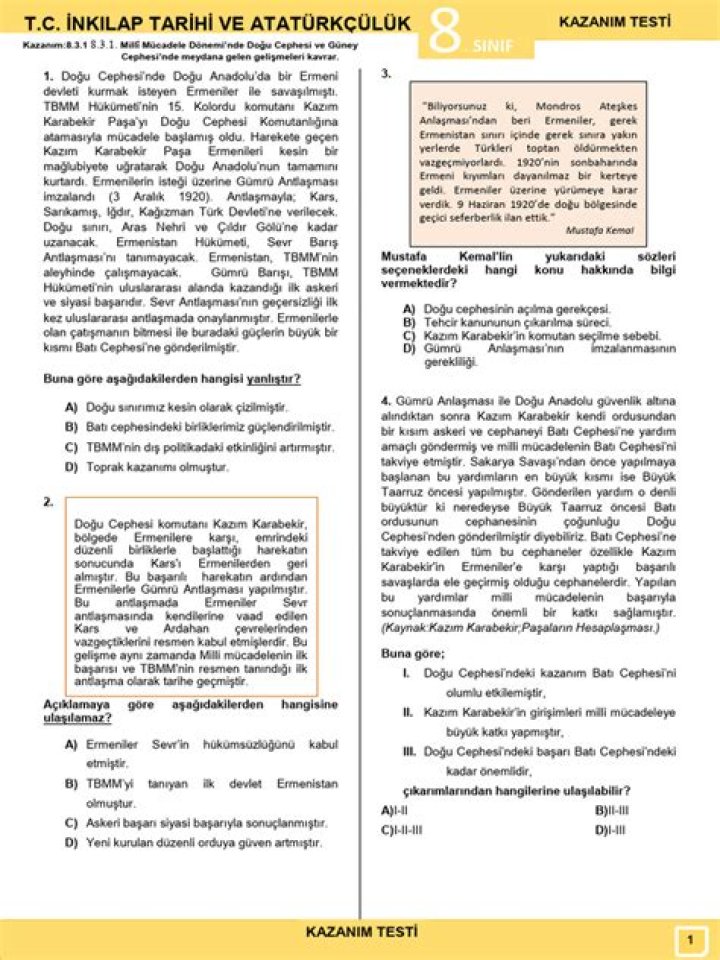 8. Sinaf İnk Lap Tarihi Doğu ve Güney Cephesi Test PDF