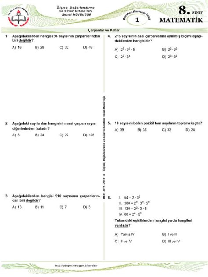 8 Sınıf Matematik Çarpanlar ve Katlar Test PDF Download