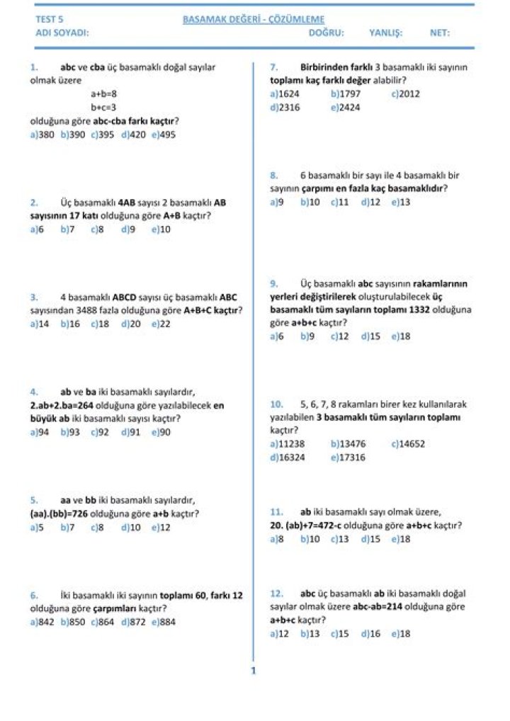 8 Sınıf Matematik Karekülü Sayılar Test PDF – Örnek Olay