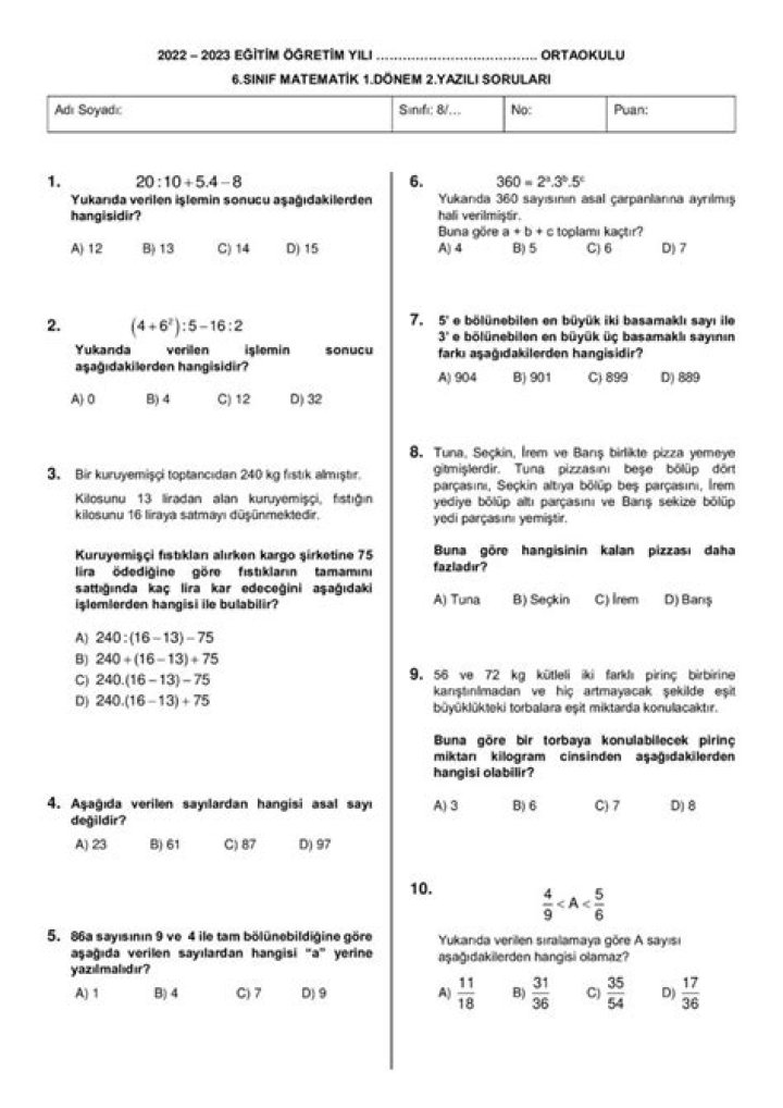 8 Sınıf Matematik Test PDF – Yükseköğretim Eğitim Preparasyonu