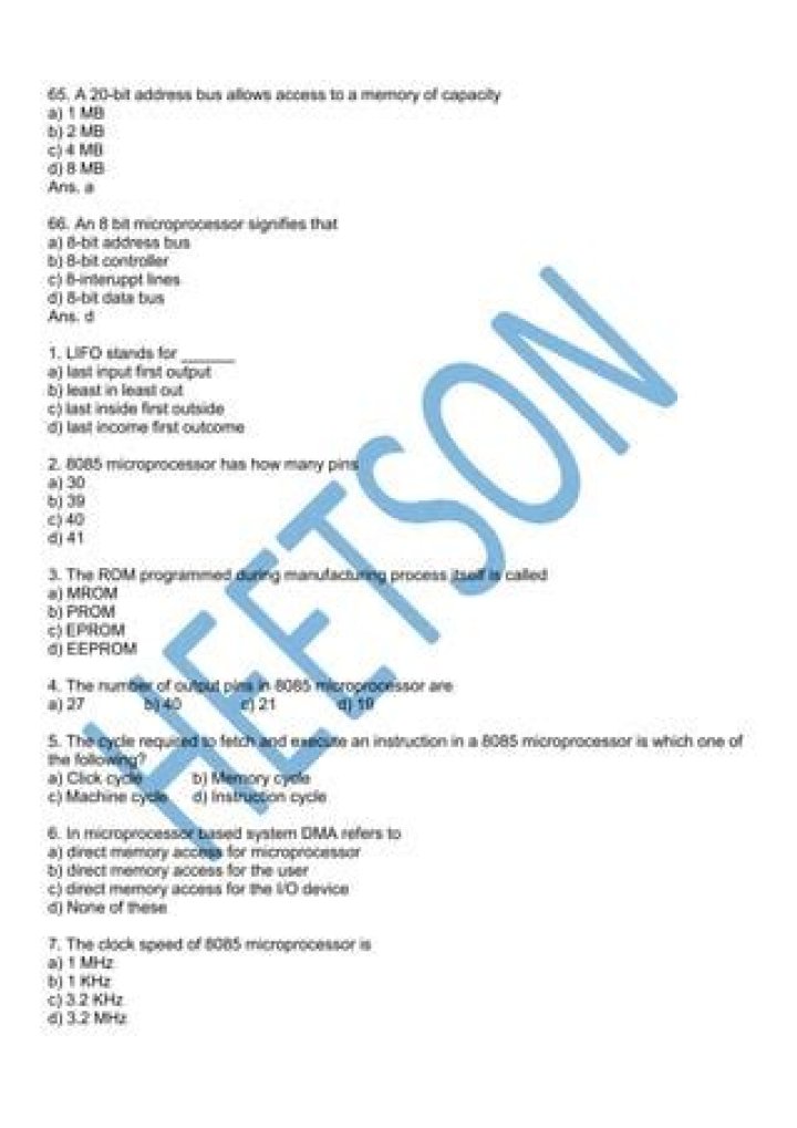 8085 Microprocessor MCPQAs: Multiple Choice Questions Answers PDF