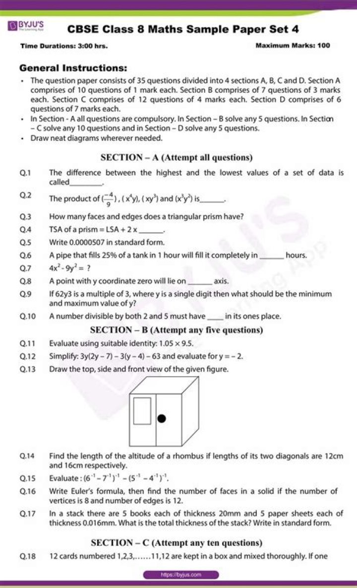 8th Class Maths Question Paper 2018 PDF – Download Free Study Material