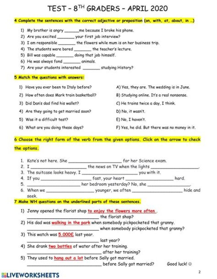 8th Grade Grammar Test with Answers PDF Download