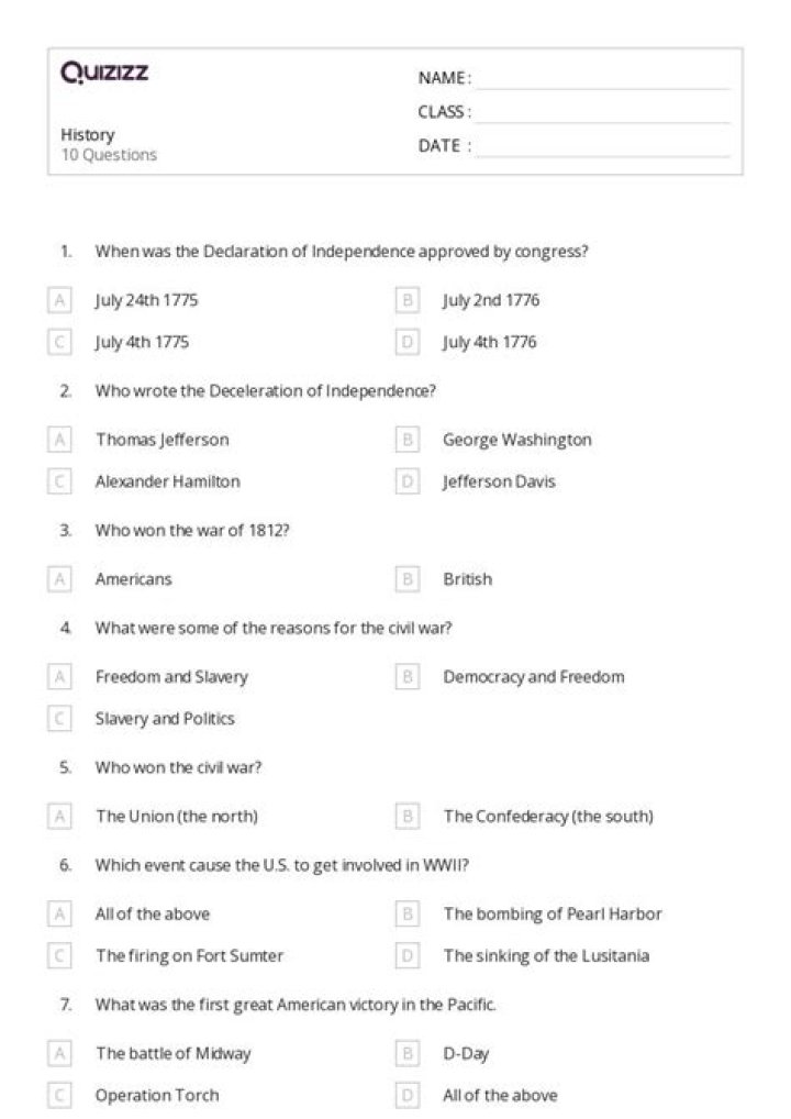 8th Grade History Questions and Answers PDF with Answers