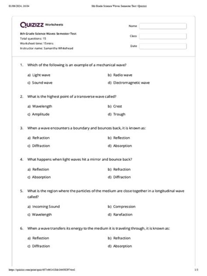 8th Grade Science Waves Test PDF – Practice & Review