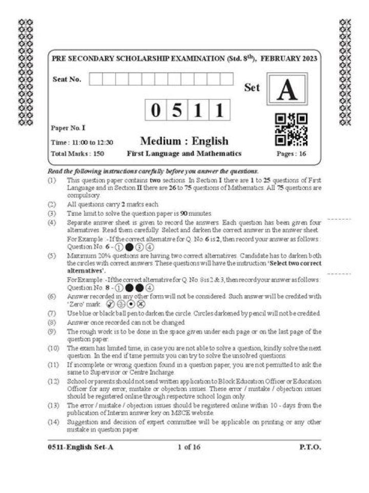 8th Scholarship Question Paper PDF for Download