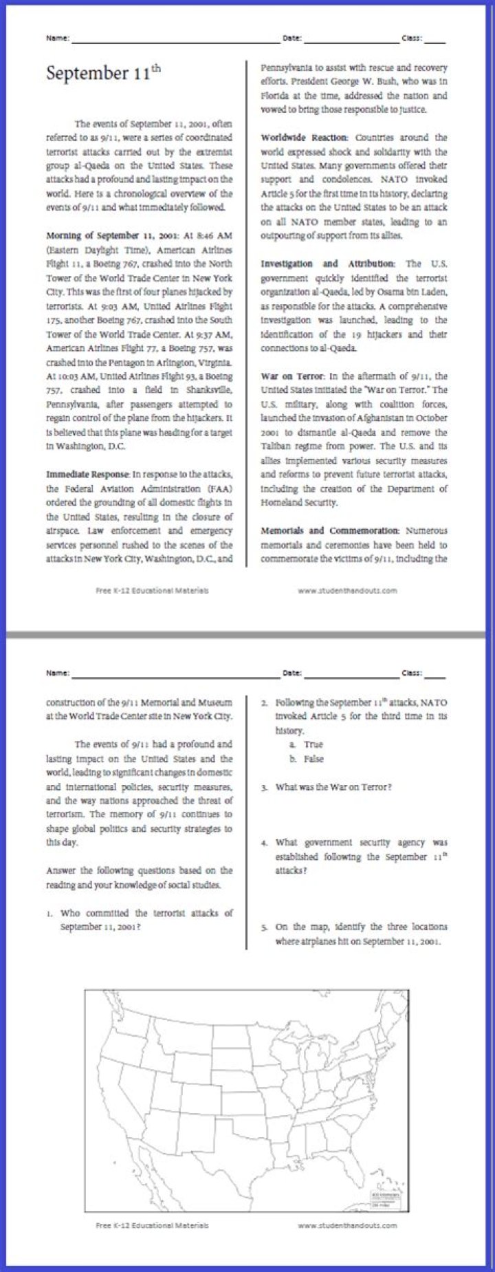 Free 9/11 Reading Comprehension Worksheets PDF – Instant Download