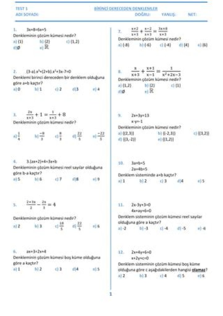 9 SANÄ±F: 1 Dereceden Denklemler Test PDF Download