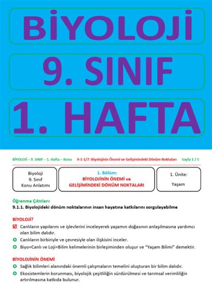 9. Sünüf Biyoloji 1. Ünite Test PDF Download