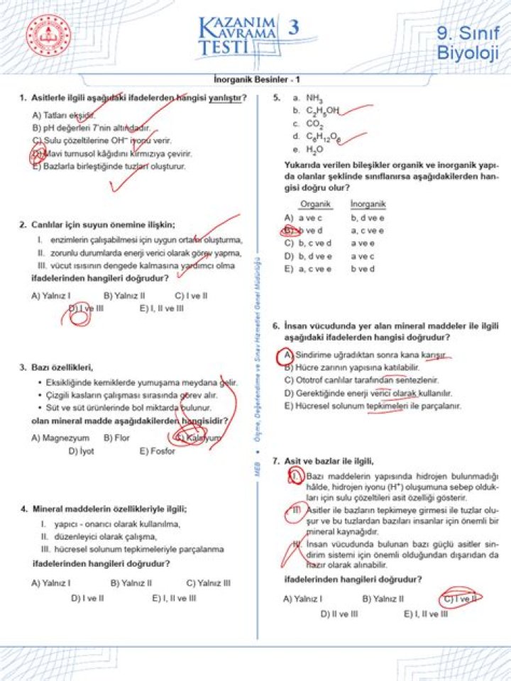 9.sÄ±nÄ±f Biyoloji İnorganik Bileşikler Test PDF Yükle