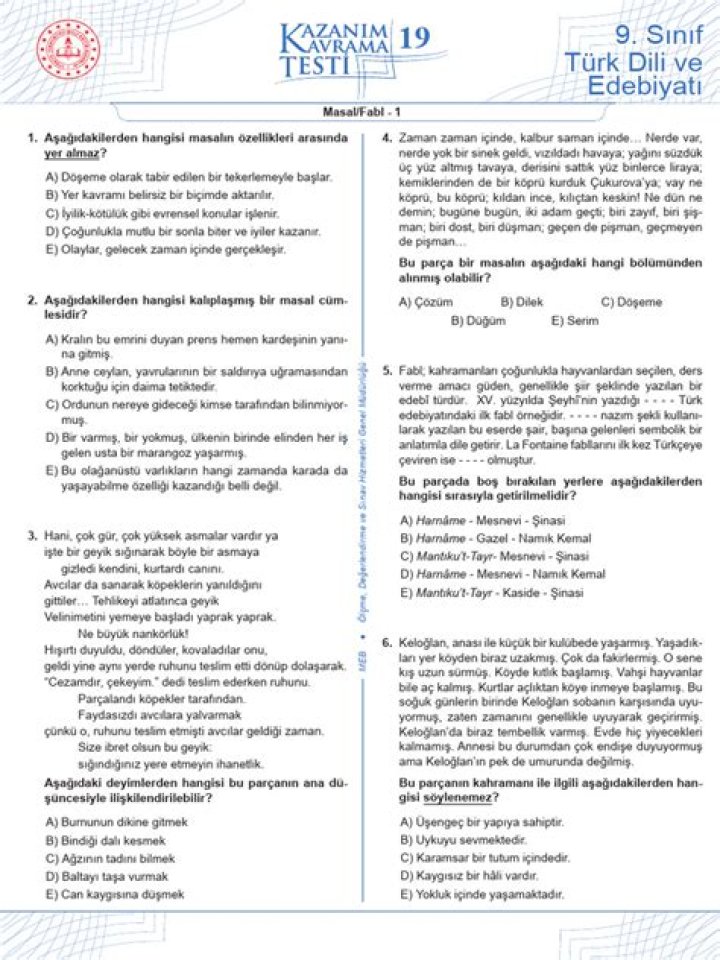 9 Sınıf Edebiyat Test PDF: Kendisi Edebiyat Bilgisi