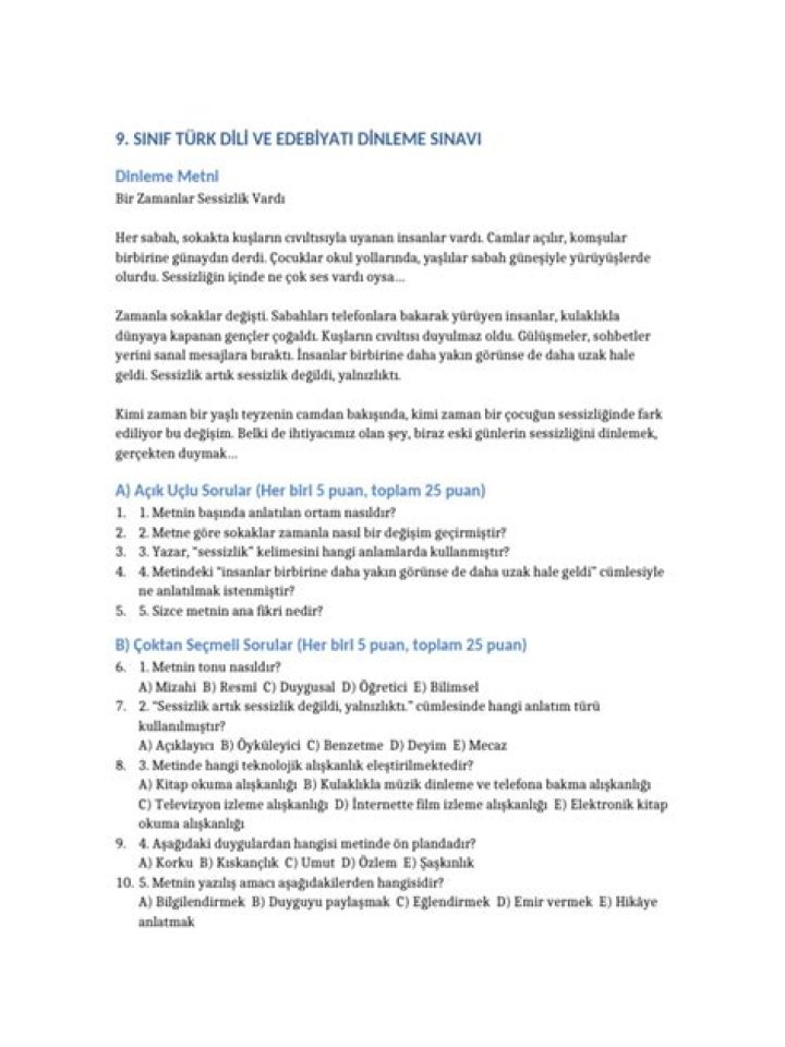 9. SÄ±nÄ±f Edebiyat Tiyatro Test PDF – Download Free Exam Sample
