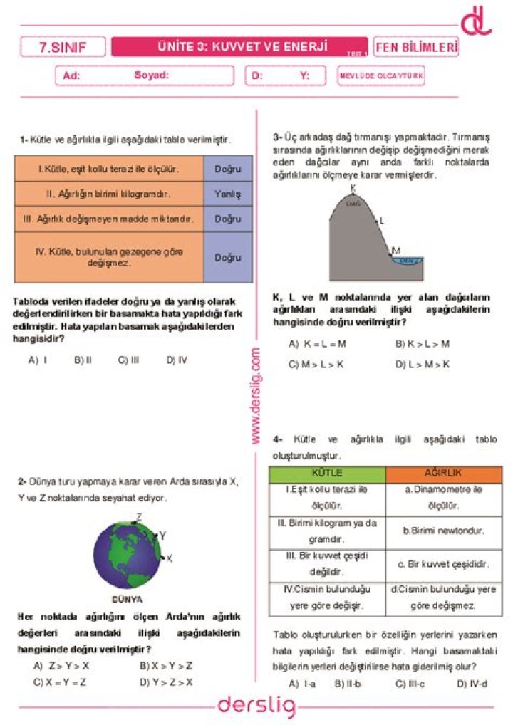 9 Sınıf Fizik İnceleme Enerji Test PDF