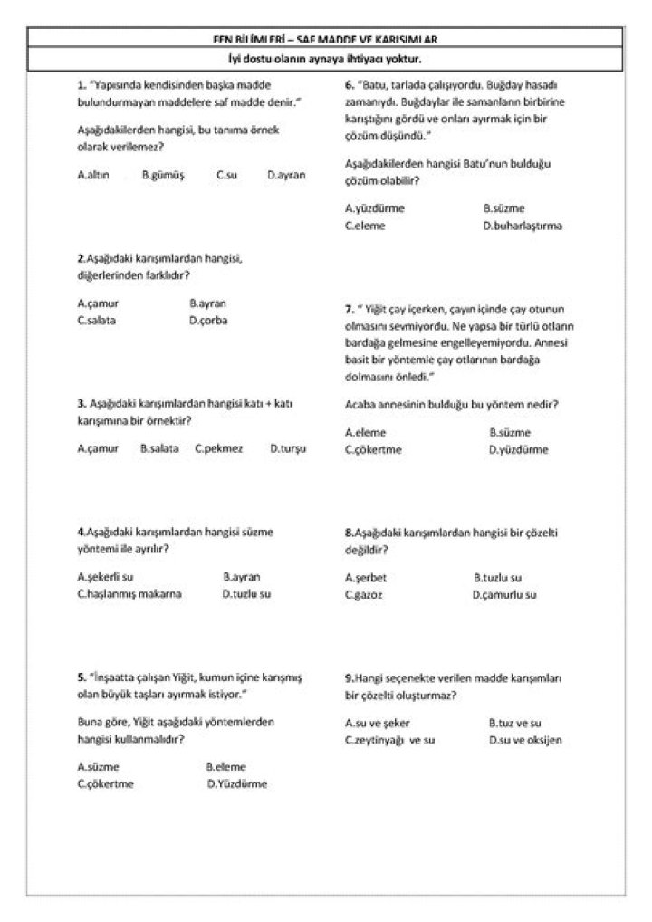 9.sÄ±nÄ±f Fizik Madde ve Özellikleri Test PDF - Öğretici Kısa Değerlendirme