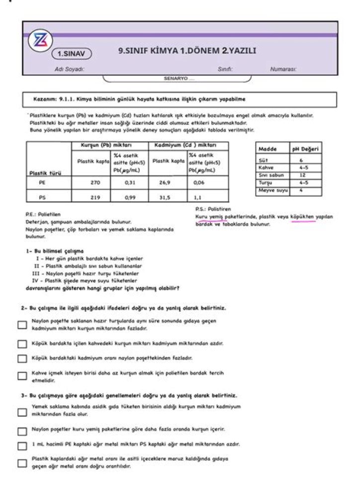 9.sÄ±nÄ±f Kimya 1. UNITE Test Soruları ve Cevaplar PDF