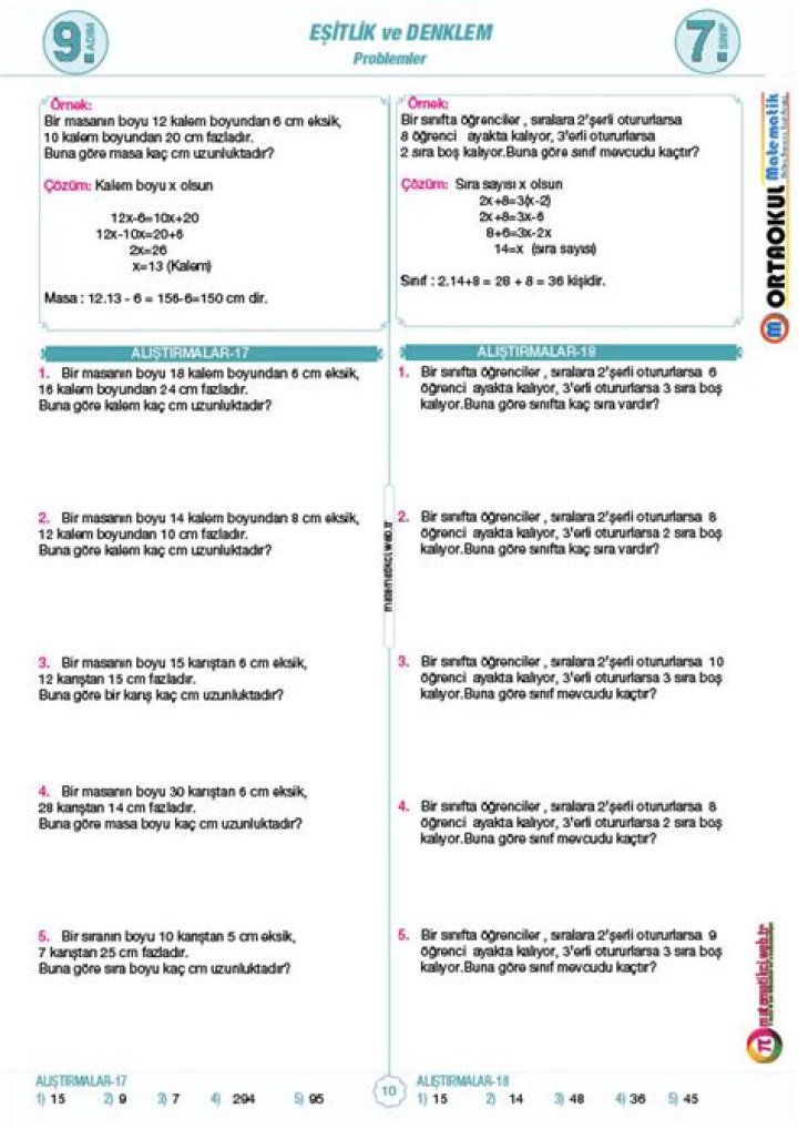 9 Sınıf Matematik Denklem ve Eşitsizlikler Test PDF – Öğretim Sürümu