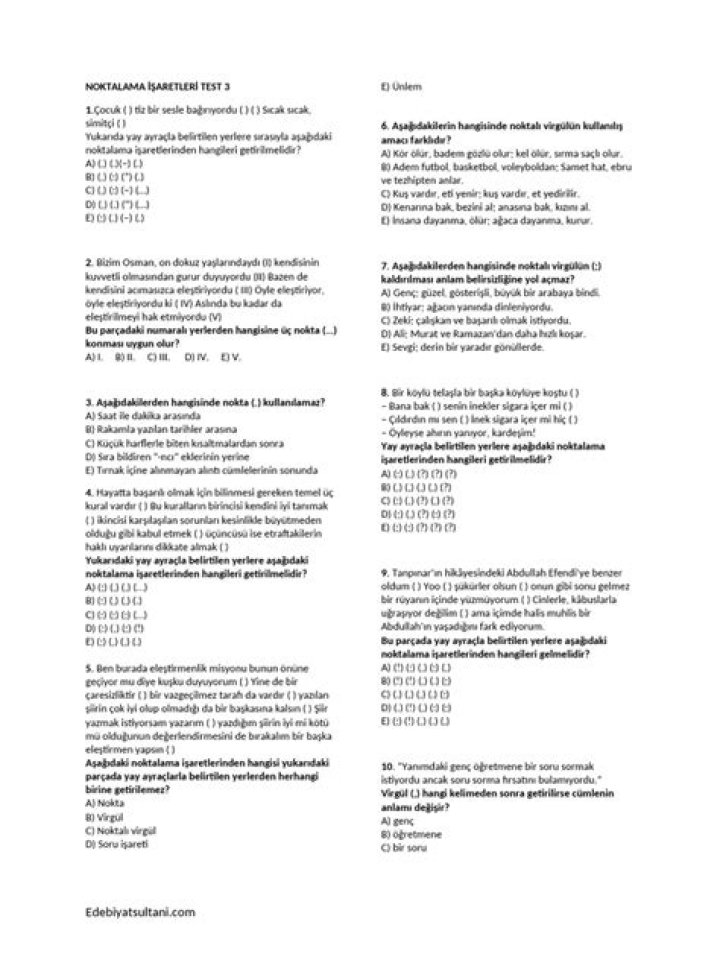 9.Şnıf Noktalama İçaretleri Test PDF Öğrenci Kitapı